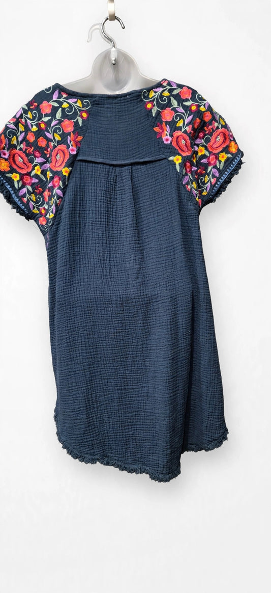 Back view of the Umgee dusty navy embroidered hi-lo mini dress with floral embroidery