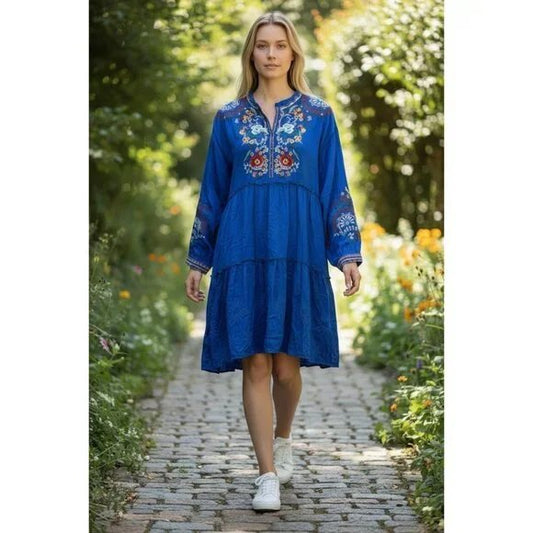 BIYA by Johnny Was Tiered Henley Dress in Surf the Web blue, model wearing