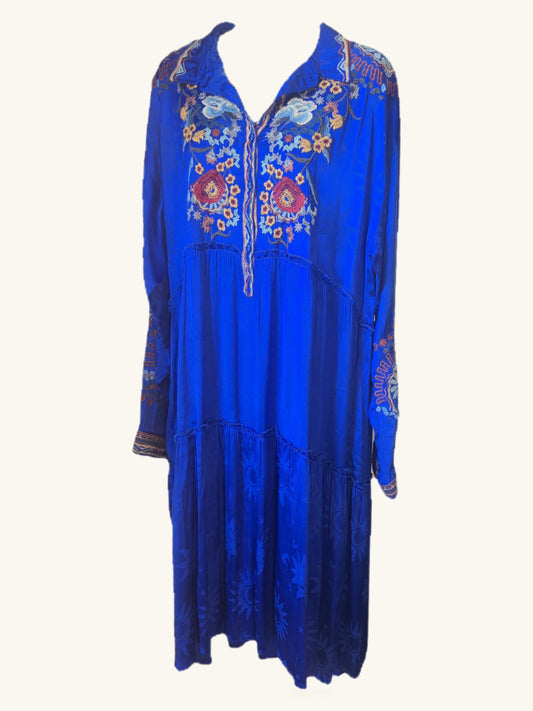 BIYA by Johnny Was blue tiered dress, front view