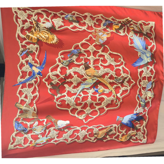 Hermès Silk Scarf 90 — "Oiseaux de l'Inde et de l'Himalaya" by Catherine Baschet, Red
