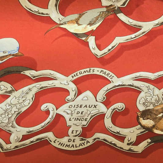 Hermès Silk Scarf 90 — "Oiseaux de l'Inde et de l'Himalaya" by Catherine Baschet, Red