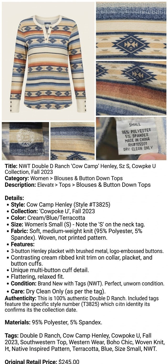 Close-up of the Double D Ranch Cow Camp Henley top laid flat showing the neckline and button detail