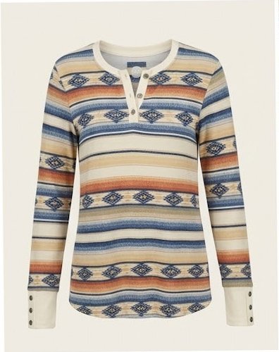 Double D Ranch Cow Camp Henley long-sleeve top with southwestern geometric pattern in cream, blue, and terracotta, front view, women's S