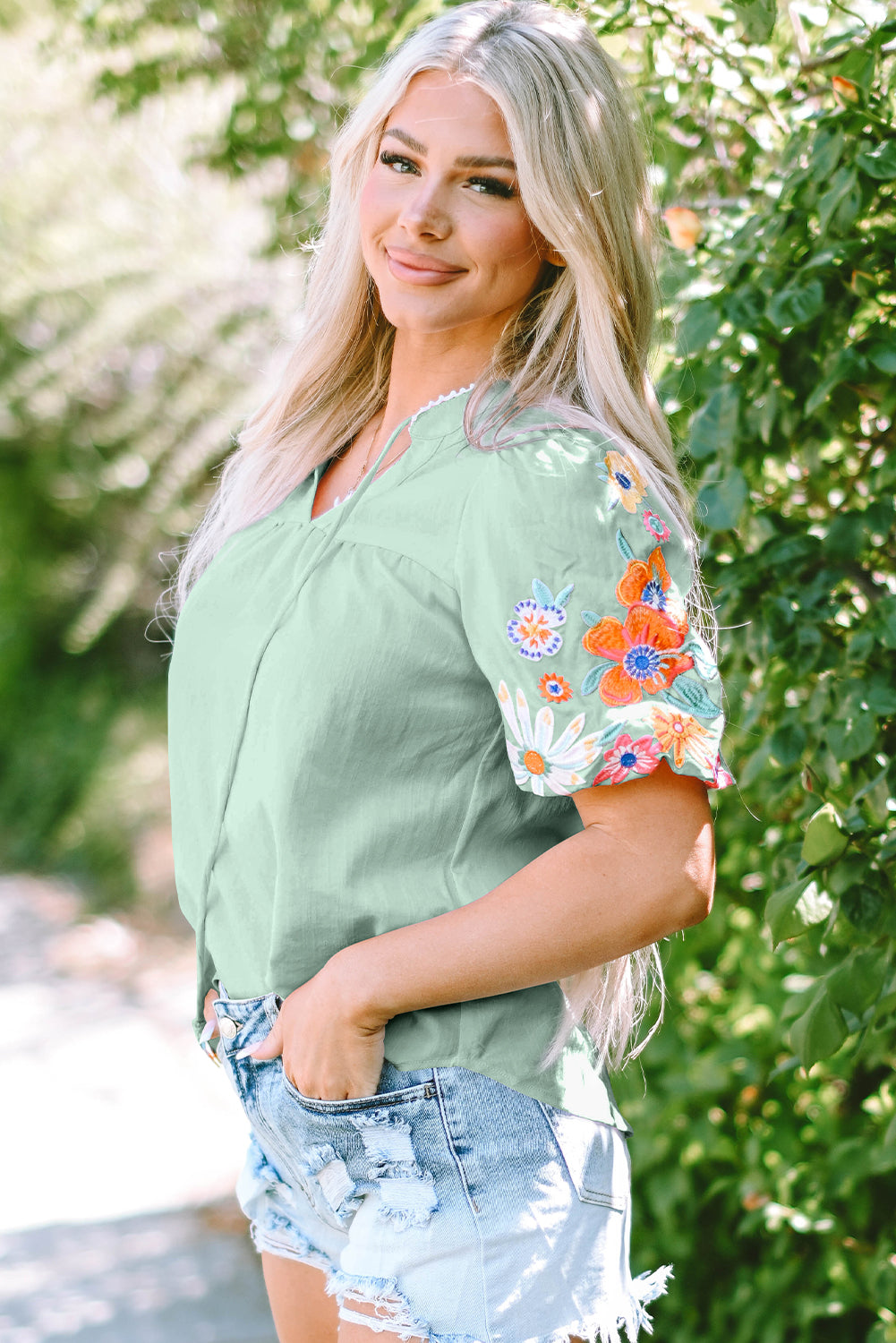 Beau Blue Floral Embroidered Puff Sleeve Split Neck Blouse