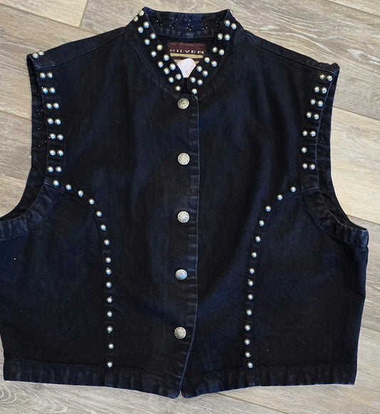 Vintage Black Denim Studded Vest — Silver Brand