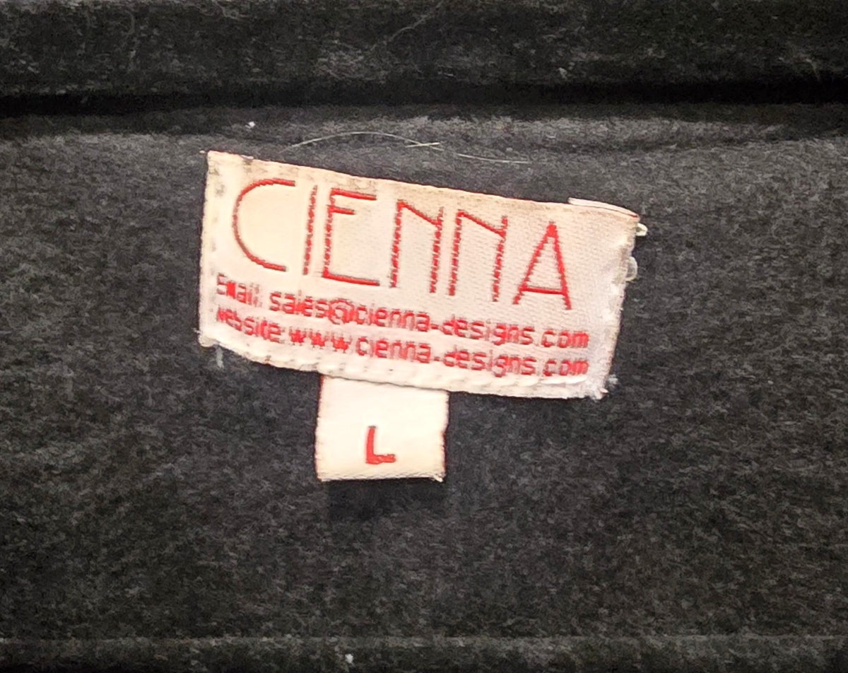 Cienna Designs brand label tag sewn inside the black floral bomber jacket