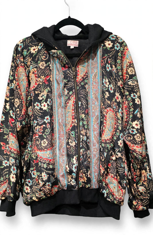 Cienna Designs black floral paisley print hooded bomber jacket, women's size L, front view