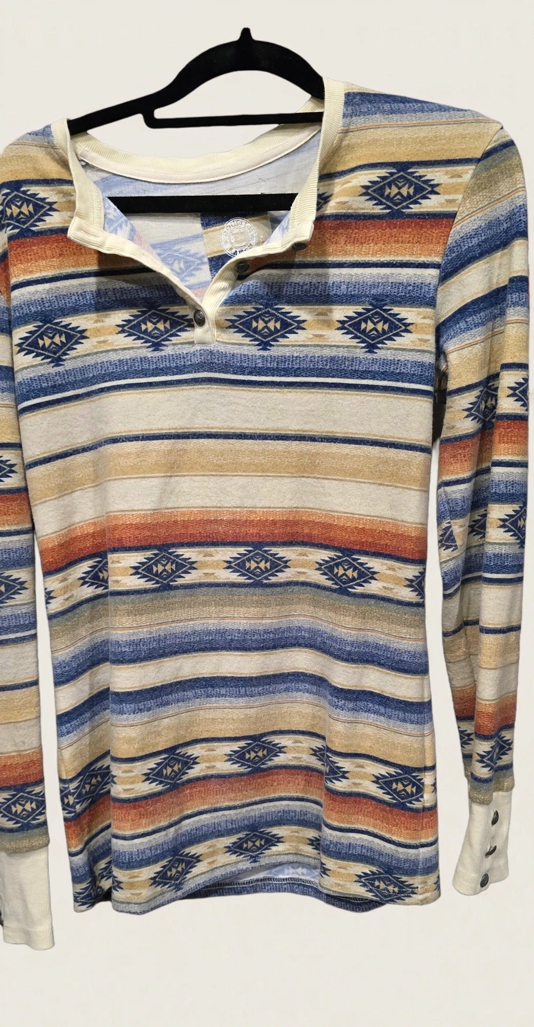 Double D Ranch Cow Camp Henley main front view, long-sleeve knit with horizontal stripes in blue, beige, orange, and white