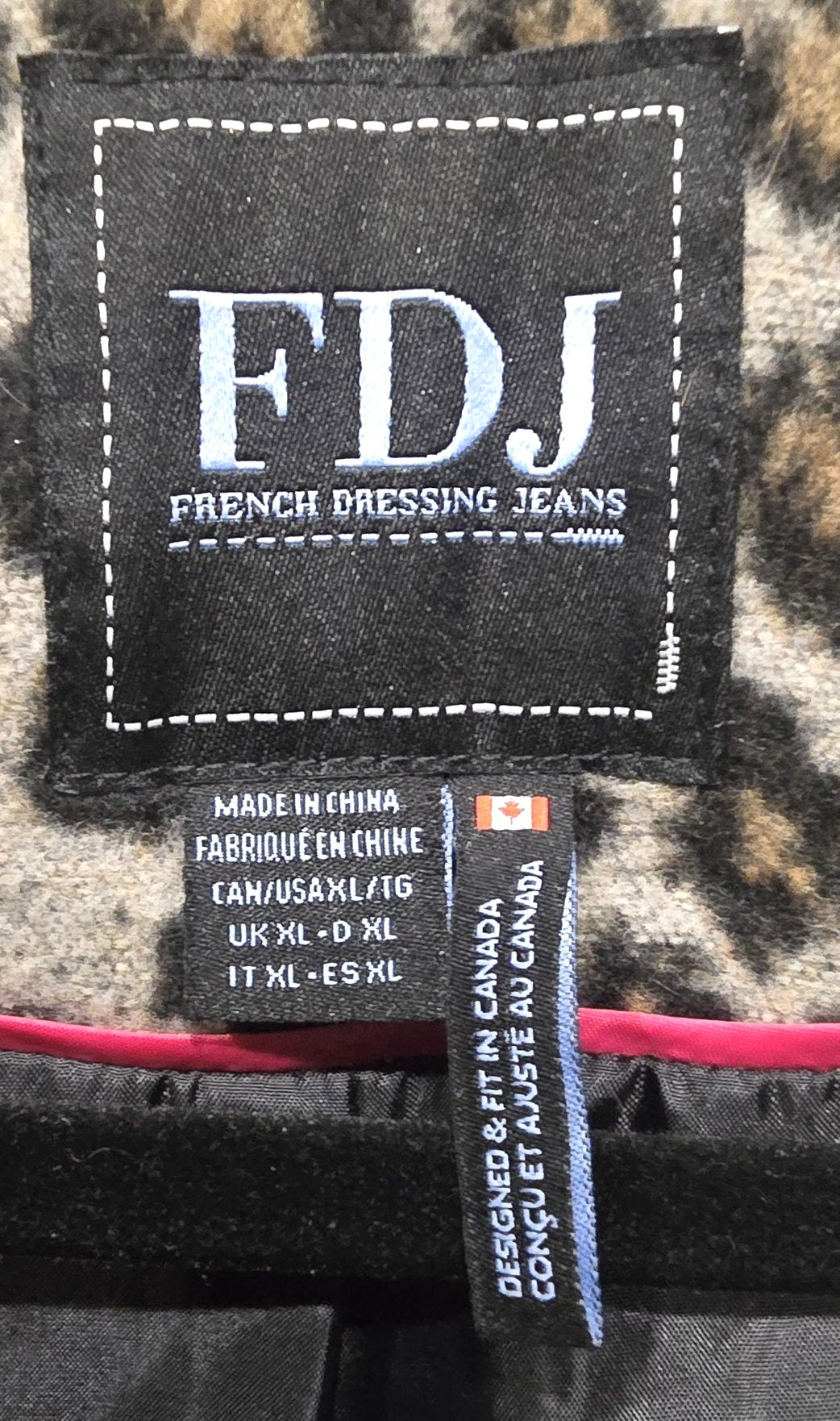 FDJ French Dressing Jeans brand tag label sewn inside the leopard fuzzy knit coat