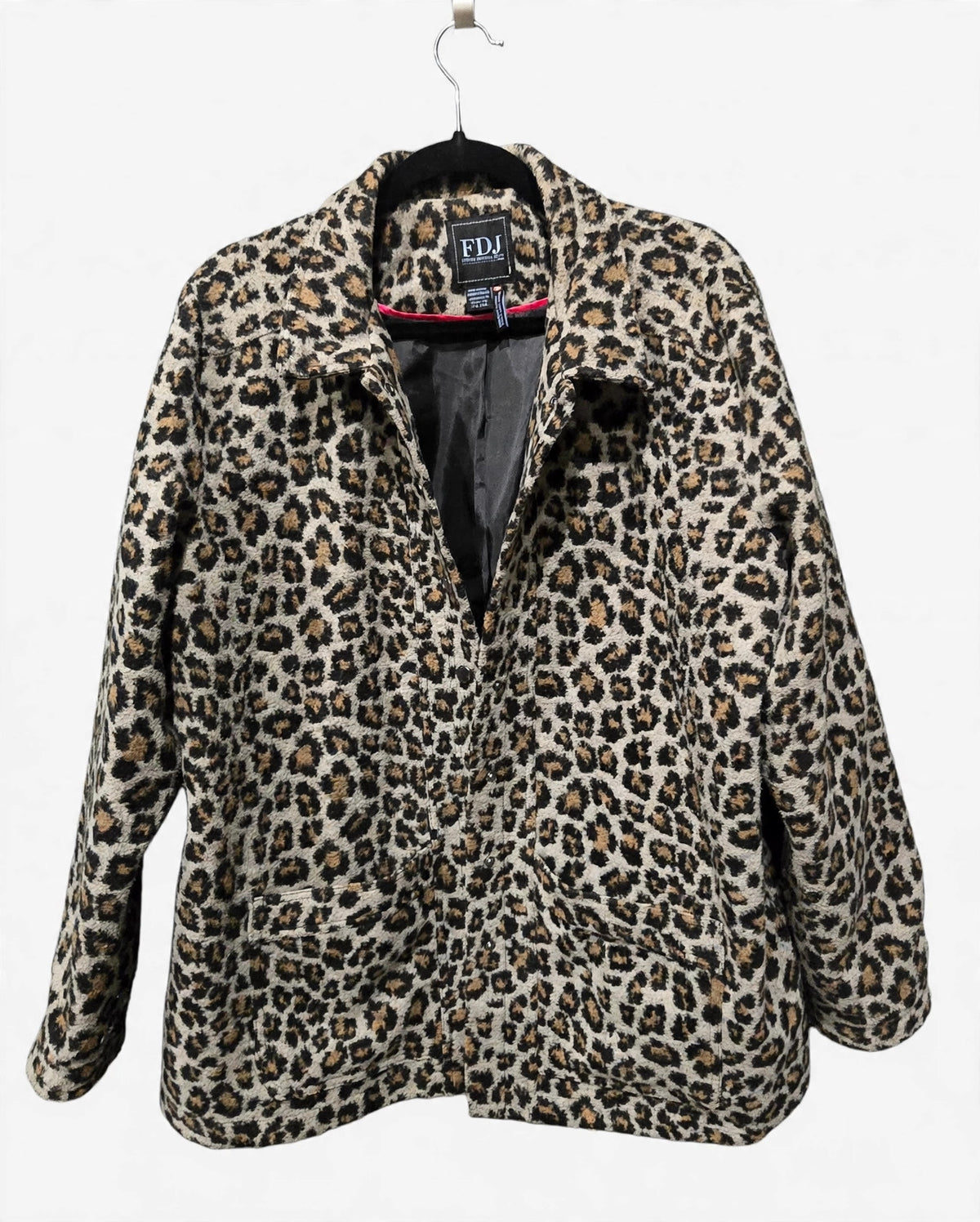 FDJ French Dressing leopard print fuzzy knit coat with shirt collar and snap front, women's XL, front view