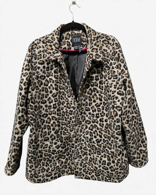 FDJ French Dressing leopard print fuzzy knit coat with shirt collar and snap front, women's XL, front view