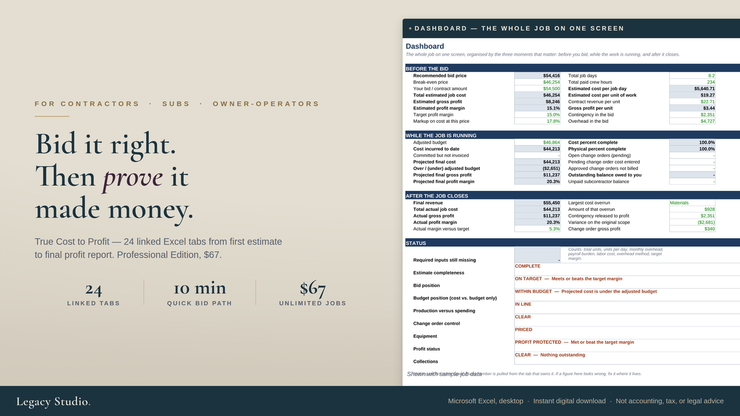 True Cost to Profit - Bid Planning & Job Profit Workbook (Professional Edition)