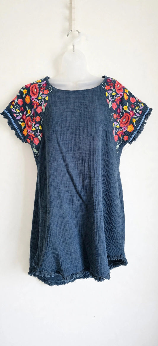 Umgee dusty navy blue embroidered hi-lo mini dress with colorful floral embroidery on the shoulders, front view, size S
